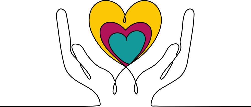 Eine Illustration zweier Hände, die ein mehrfarbiges Herz halten