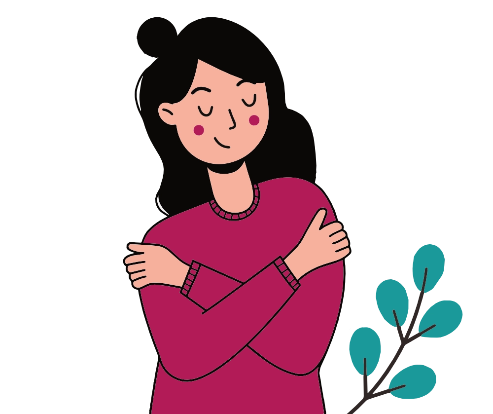 Illustration einer Frau, die sich selbst umarmt und wohlfühlt.
